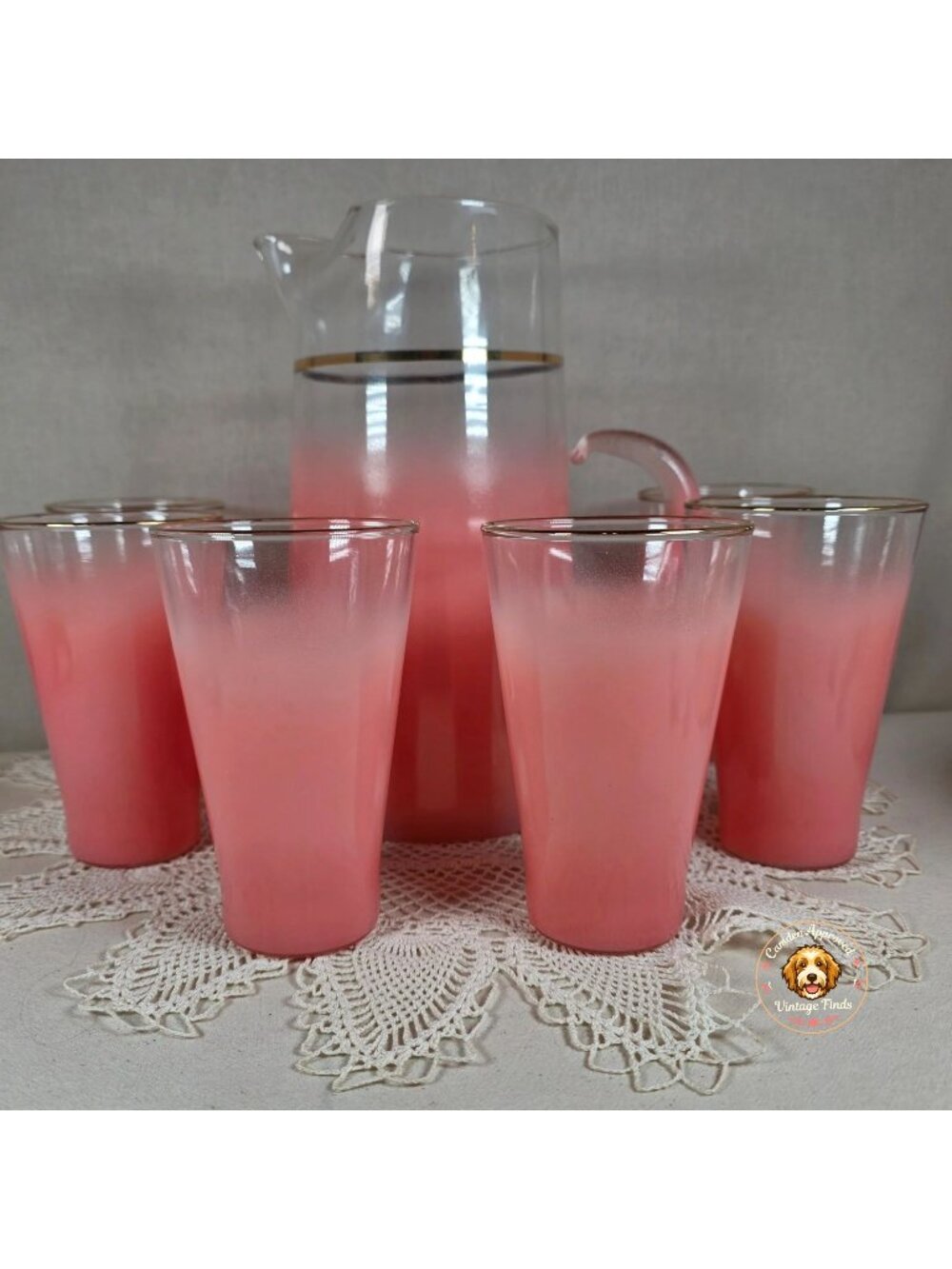 Vintage Pink Frosted Glass Pitcher Set Ombre Gold Rim 6 Tumblers Mid Century Bar